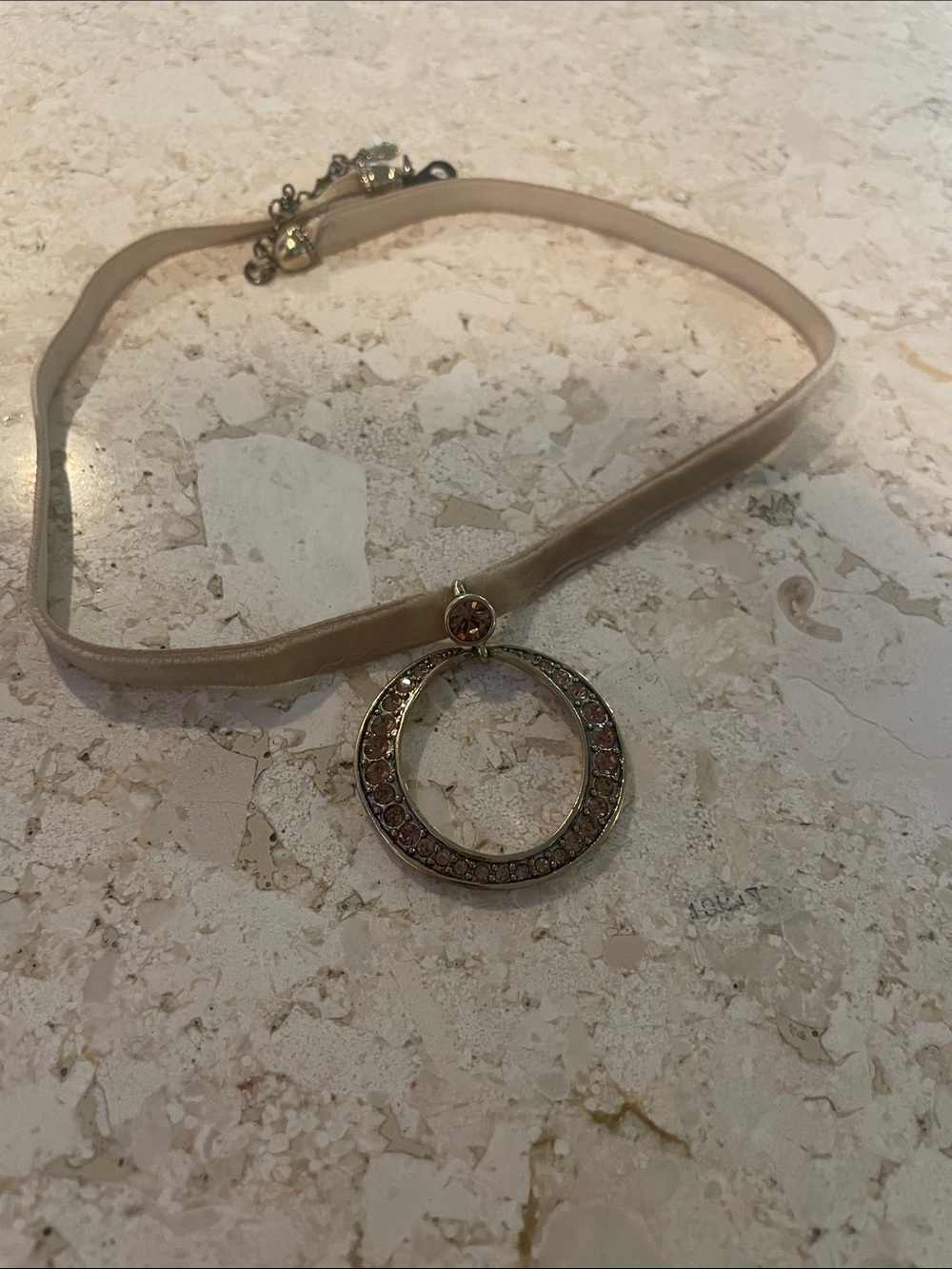 Beige Satin Choker Necklace with Crystal Circle Pendant